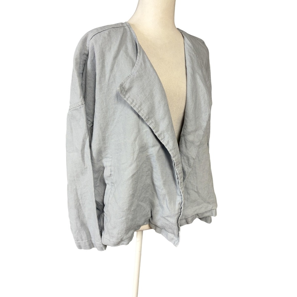 Eileen Fisher Jacket Womens Petite Small Gray Organic Linen Open Front Relaxed